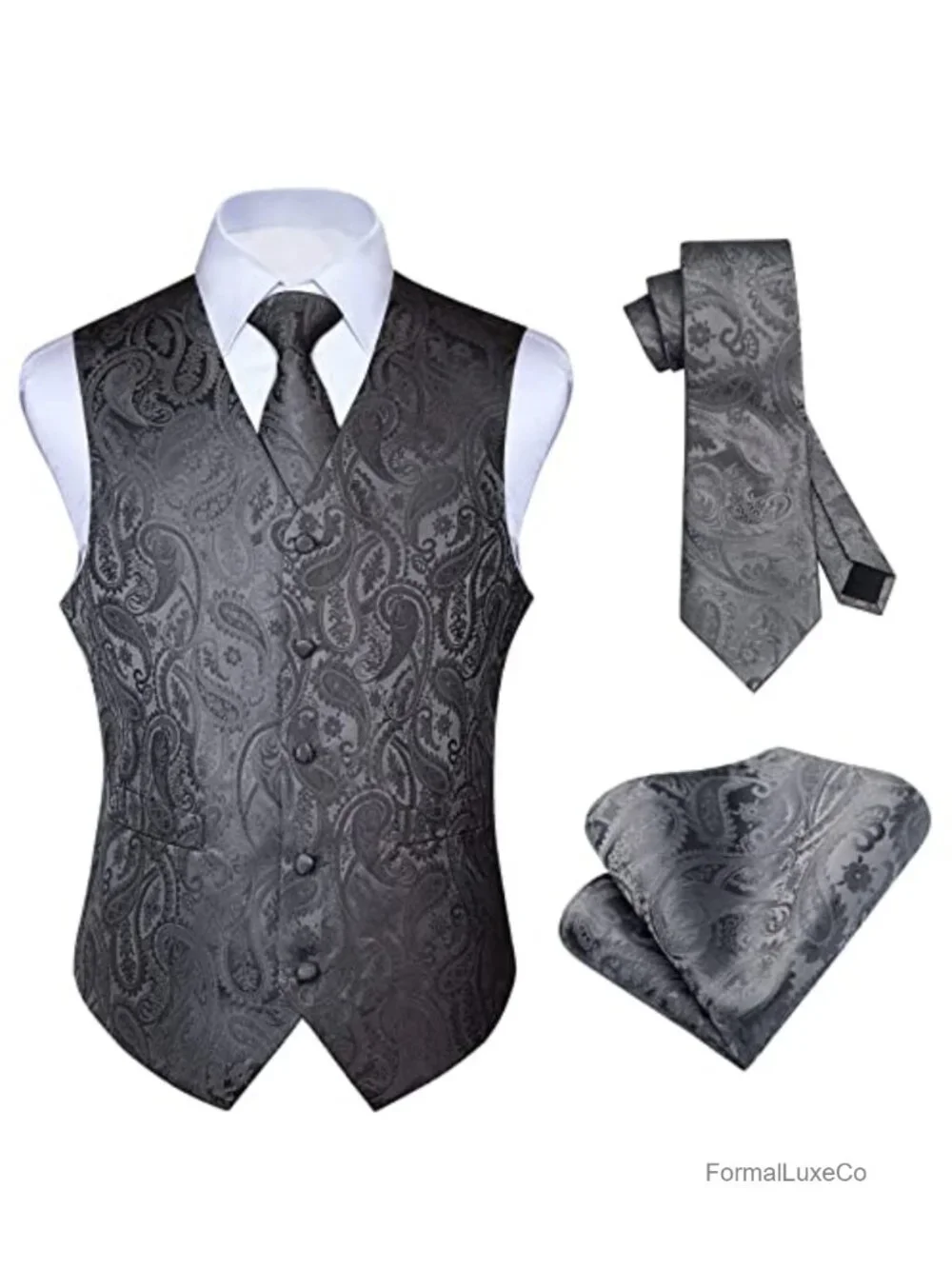 Men's 3pc Paisley Suit Vest Set with Tie & Pocket Square, V-Neck Waistcoat